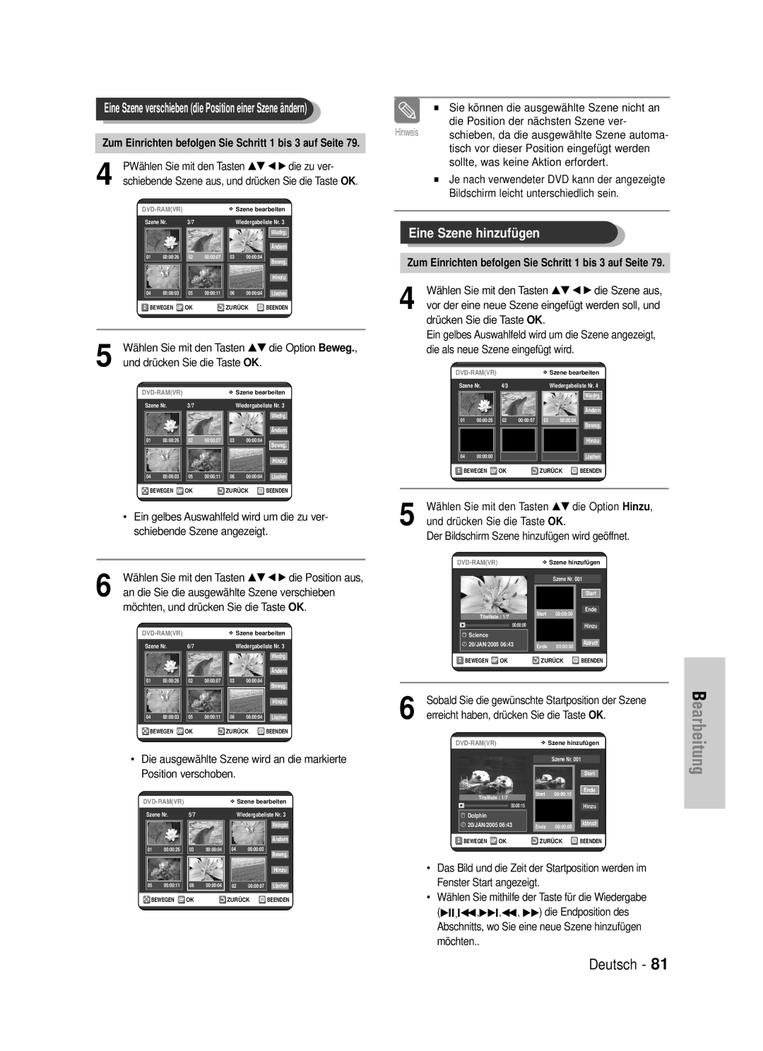 Samsung DVD-VR320/XEG Zum Einrichten befolgen Sie Schritt 1 bis 3 auf Seite, An die Sie die ausgewählte Szene verschieben 