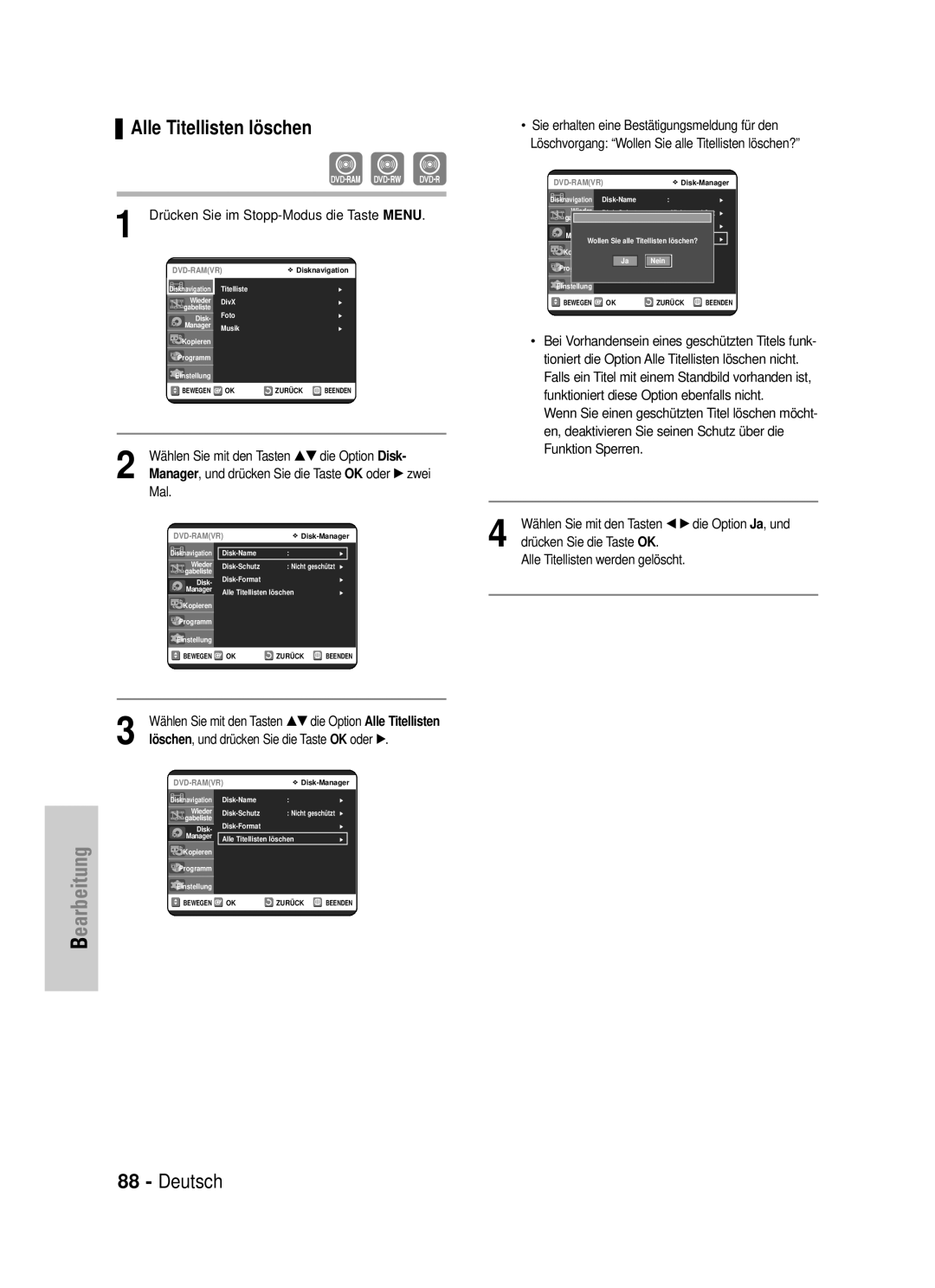 Samsung DVD-VR320/XEG manual Alle Titellisten löschen, Wählen Sie mit den Tasten …† die Option Alle Titellisten 