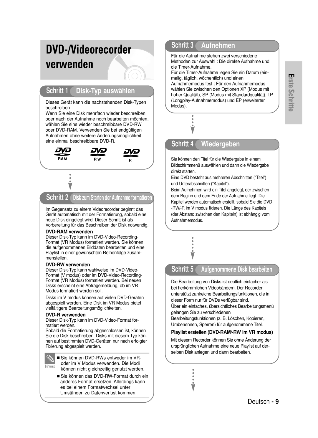 Samsung DVD-VR320/XEG manual DVD-/Videorecorder verwenden, Aufnahmemodus fest Für den Aufnahmemodus 