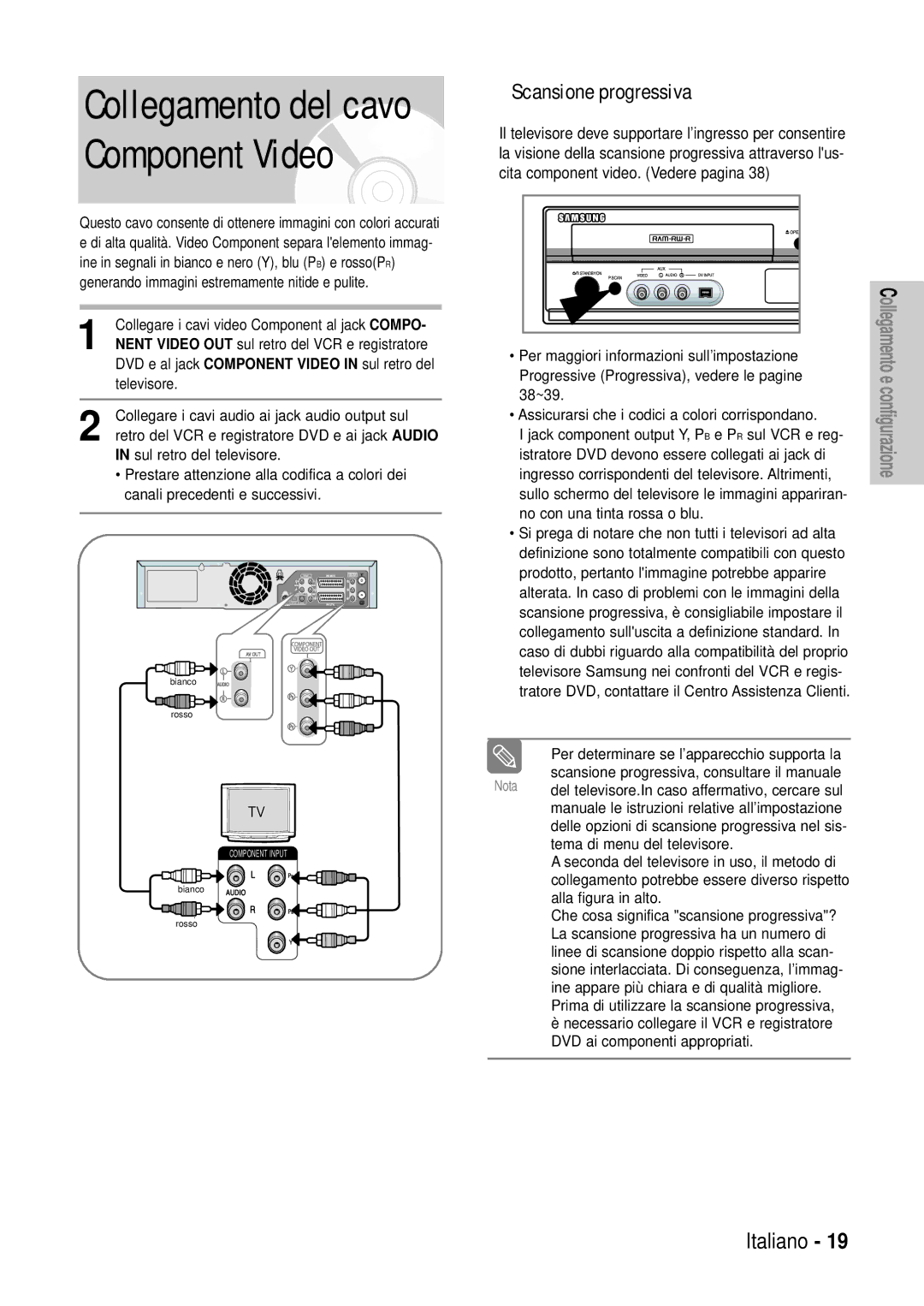 Samsung DVD-VR320/XET manual Collegamento del cavo Component Video, Scansione progressiva 