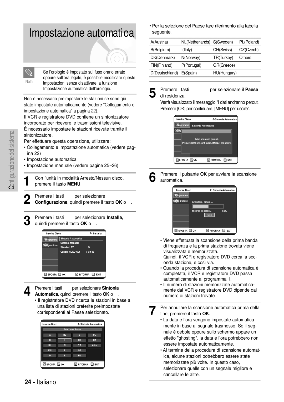 Samsung DVD-VR320/XET manual Premere il pulsante OK per avviare la scansione, Automatica 