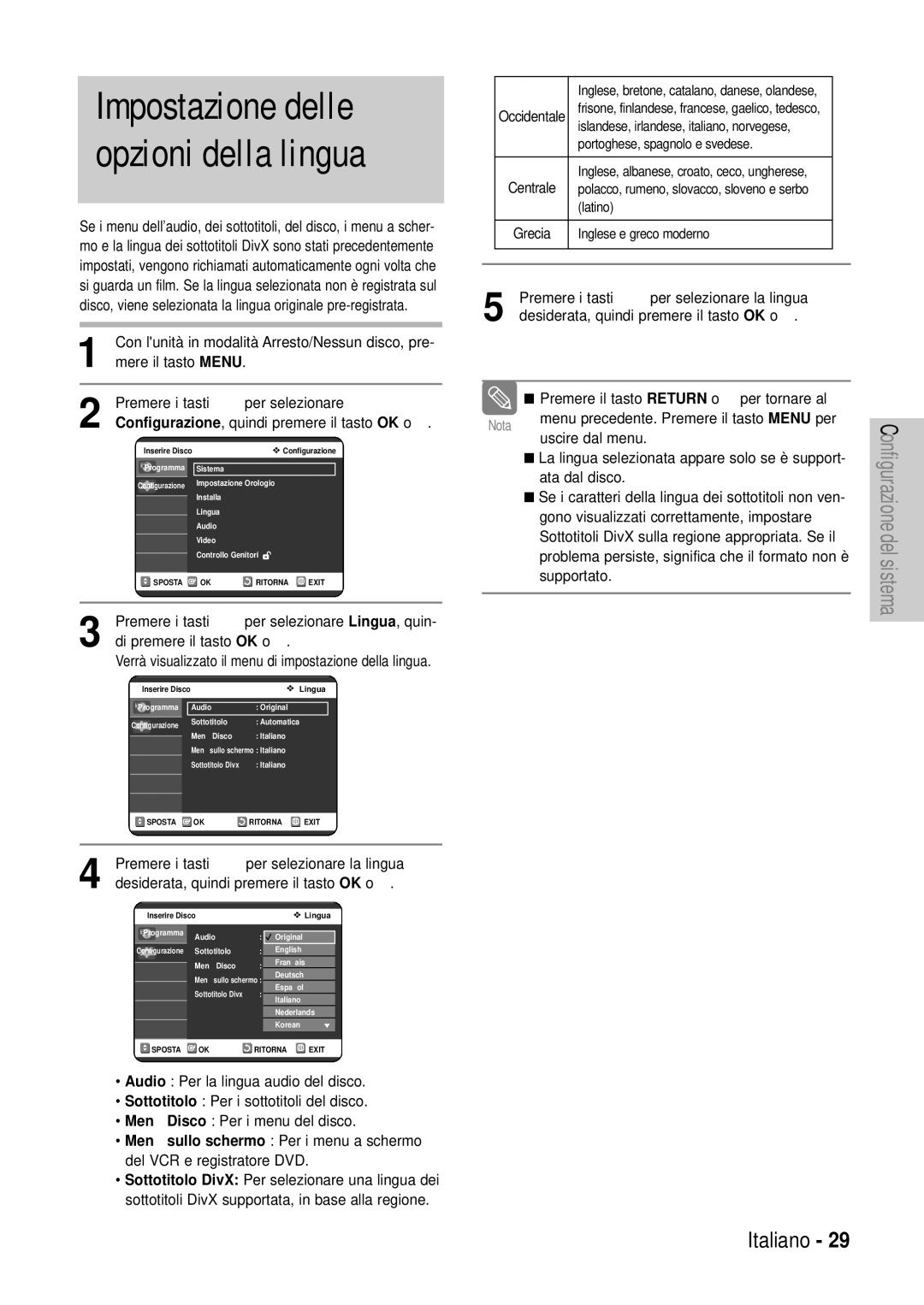 Samsung DVD-VR320/XET manual Impostazione delle opzioni della lingua, Premere i tasti …† per selezionare Lingua, quin 