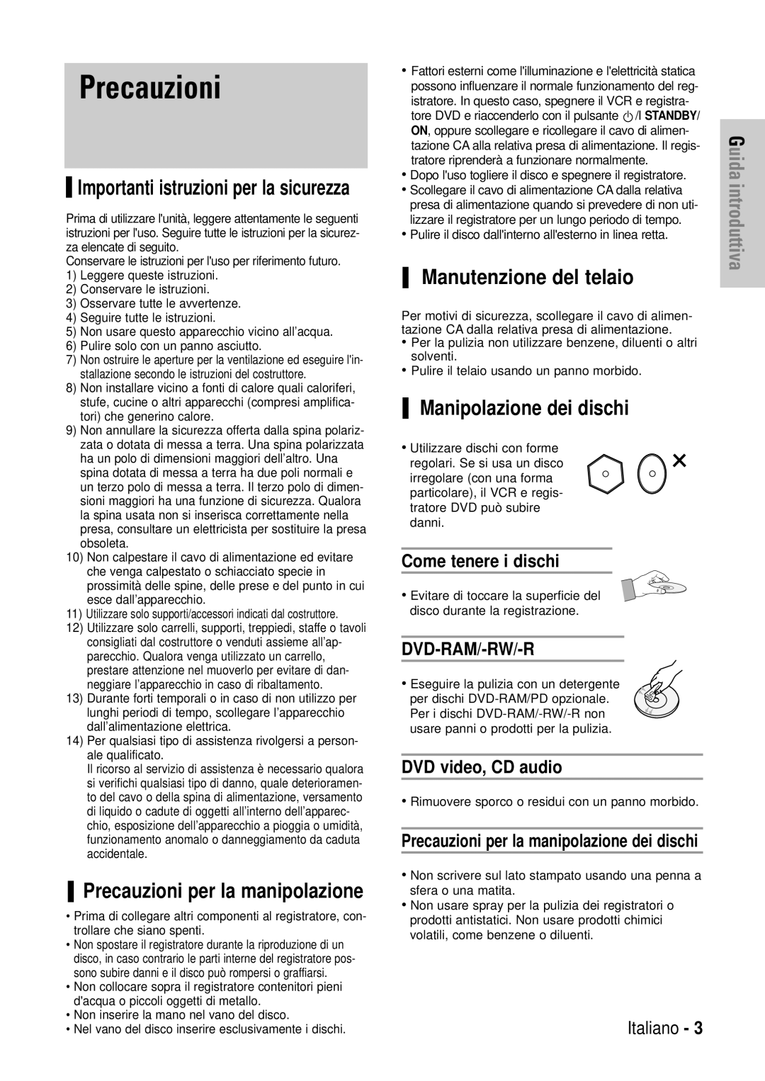 Samsung DVD-VR320/XET manual Precauzioni, Come tenere i dischi, DVD video, CD audio 