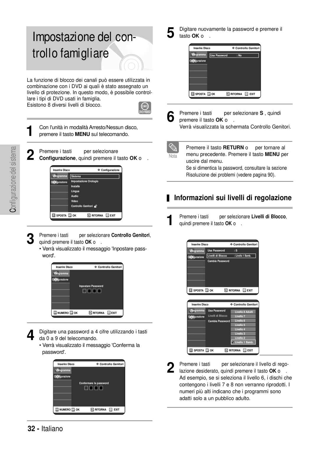 Samsung DVD-VR320/XET manual Impostazione del con- trollo famigliare, Informazioni sui livelli di regolazione, Tasto OK o √ 