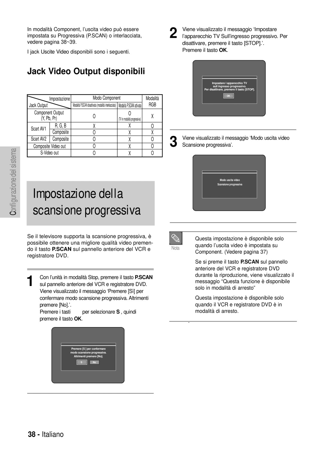 Samsung DVD-VR320/XET manual Impostazione della scansione progressiva 