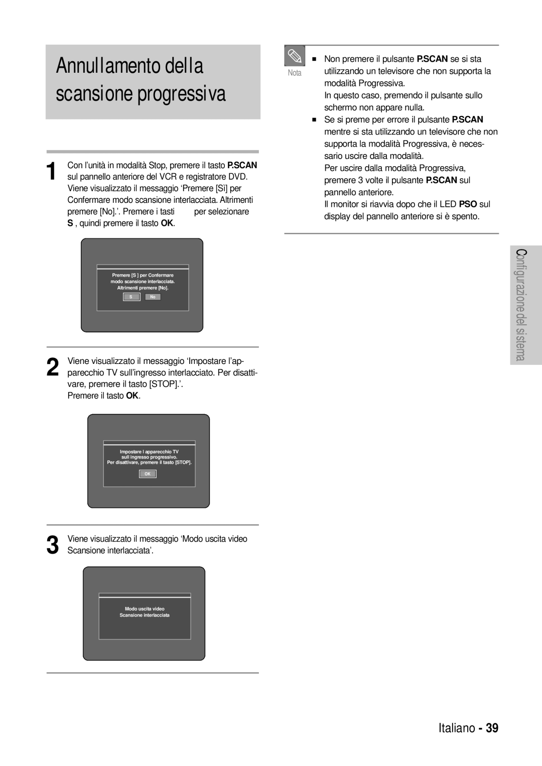 Samsung DVD-VR320/XET manual Non premere il pulsante P.SCAN se si sta, Utilizzando un televisore che non supporta la 