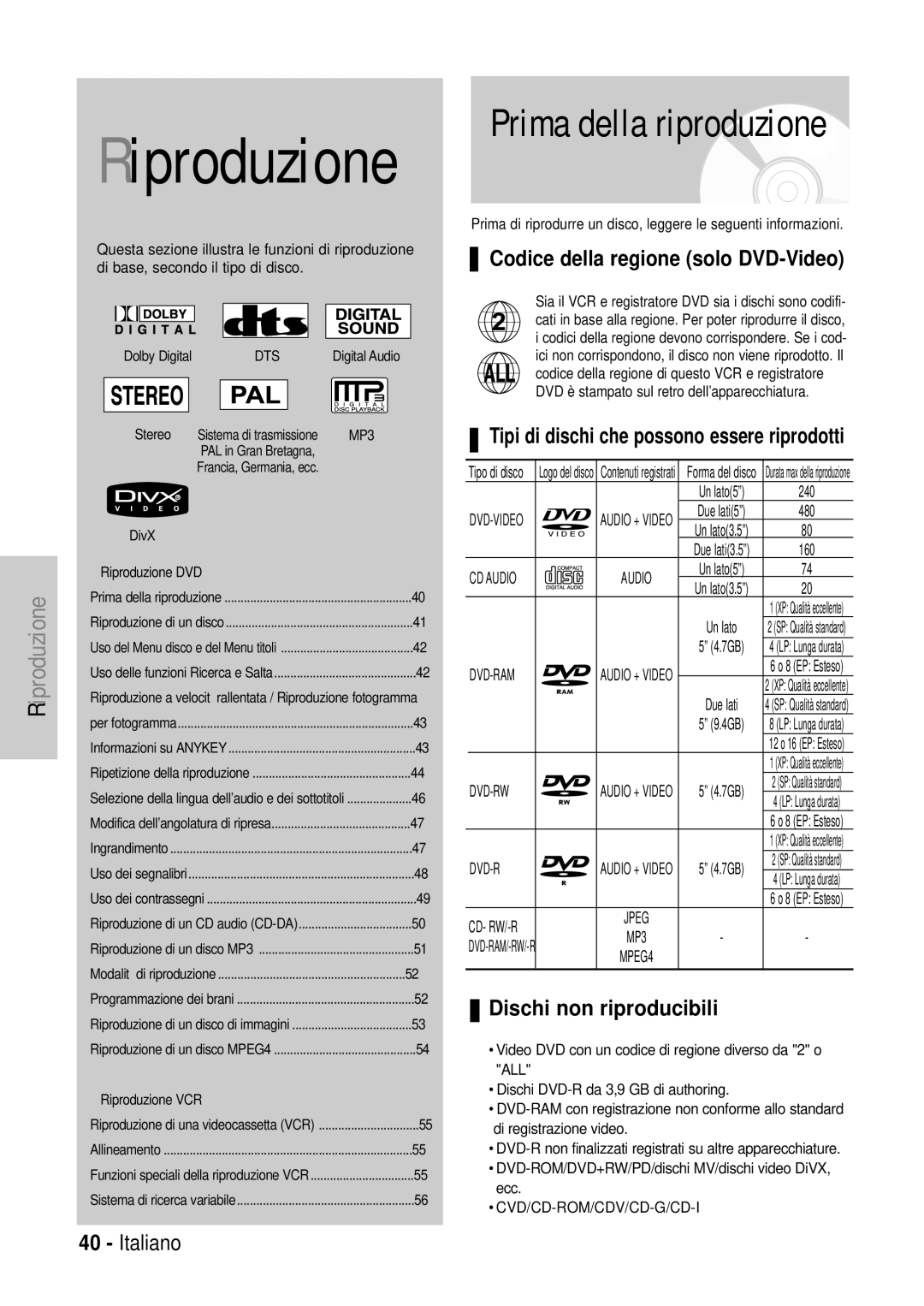 Samsung DVD-VR320/XET manual Codice della regione solo DVD-Video, Dischi non riproducibili, Stereo, Dolby Digital 