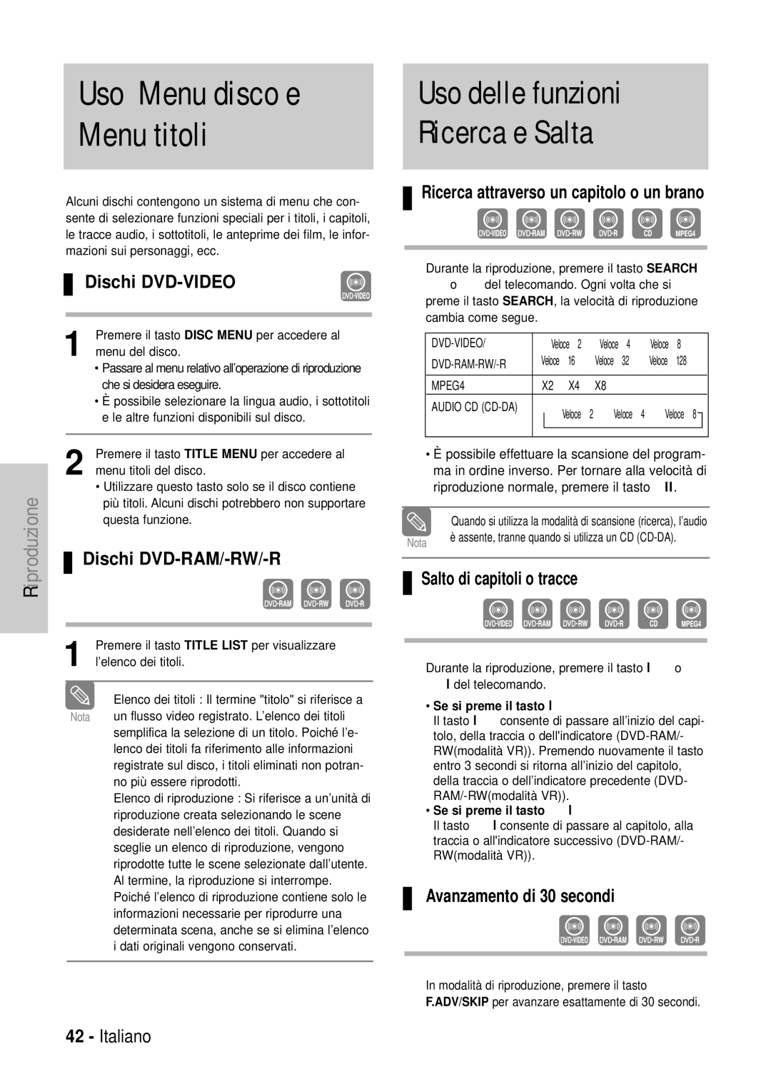 Samsung DVD-VR320/XET manual Uso Menu disco e Menu titoli, Uso delle funzioni Ricerca e Salta 