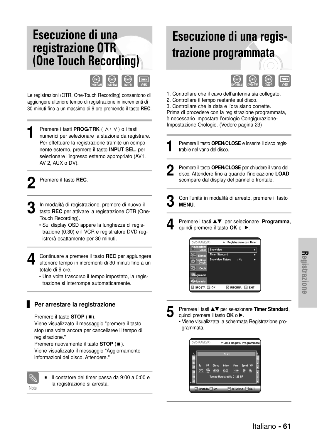 Samsung DVD-VR320/XET manual Esecuzione di una Esecuzione di una regis Registrazione OTR, Trazione programmata 