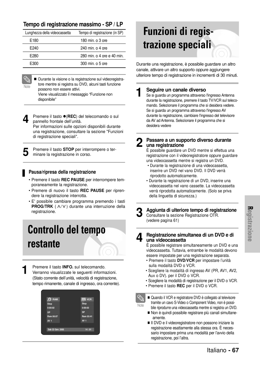 Samsung DVD-VR320/XET manual Controllo del tempo restante, Funzioni di regis- trazione speciali 