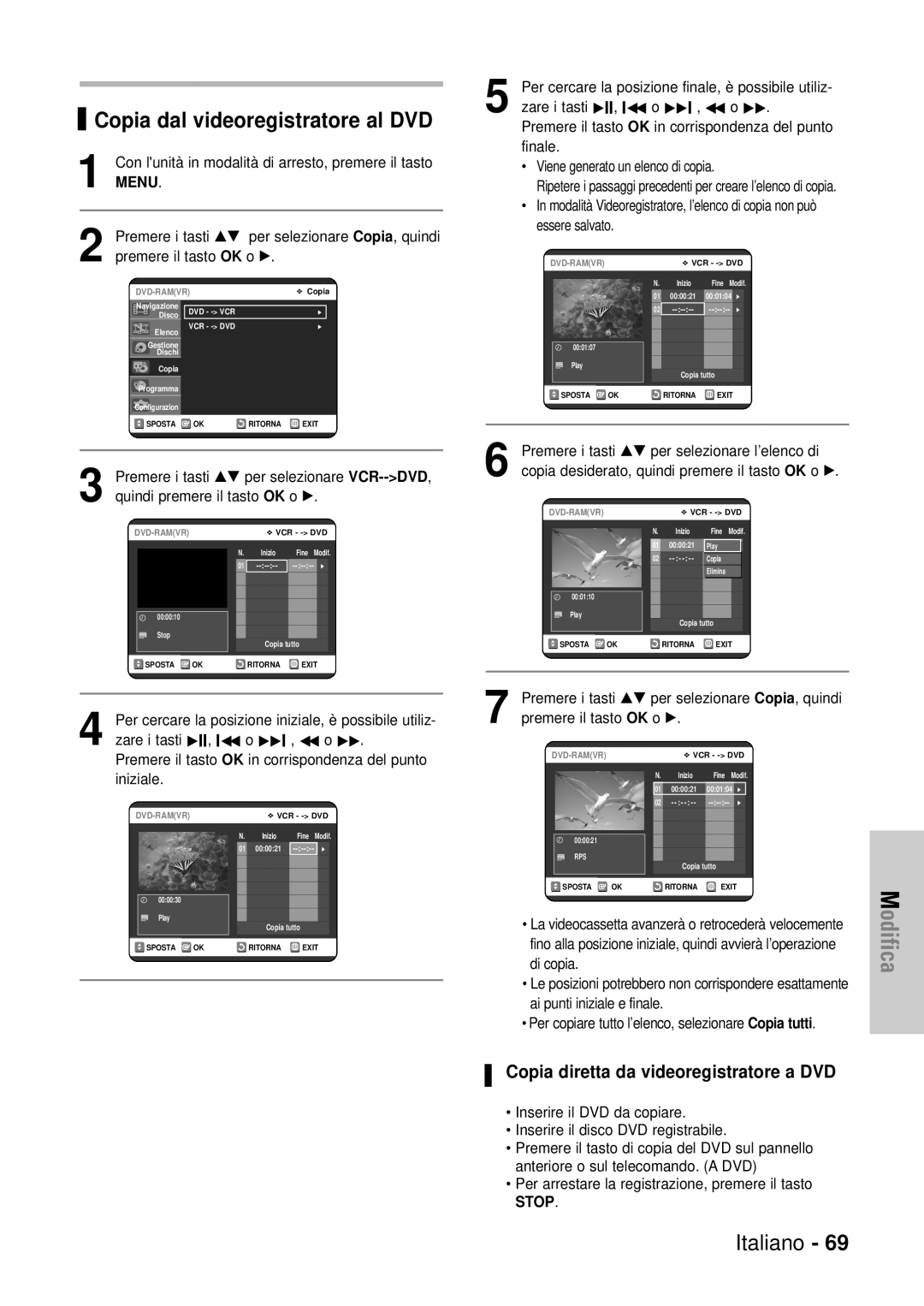 Samsung DVD-VR320/XET manual Copia dal videoregistratore al DVD, Copia diretta da videoregistratore a DVD 