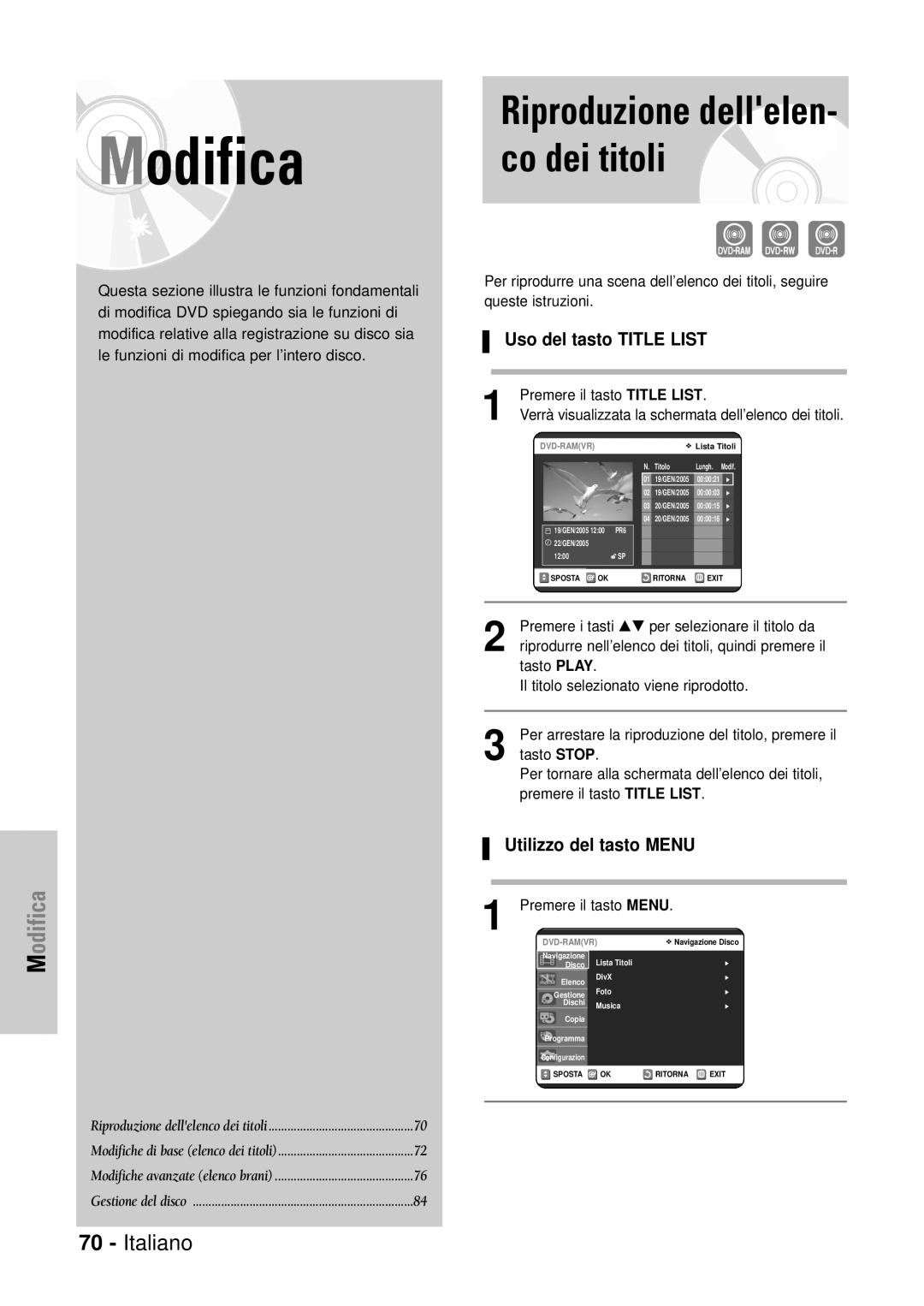 Samsung DVD-VR320/XET manual Uso del tasto Title List, Utilizzo del tasto Menu, Premere il tasto Title List 