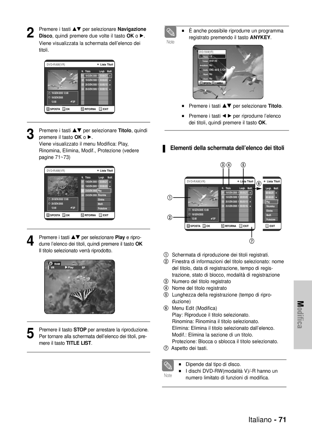 Samsung DVD-VR320/XET Elementi della schermata dell’elenco dei titoli, Premere i tasti …† per selezionare Navigazione 