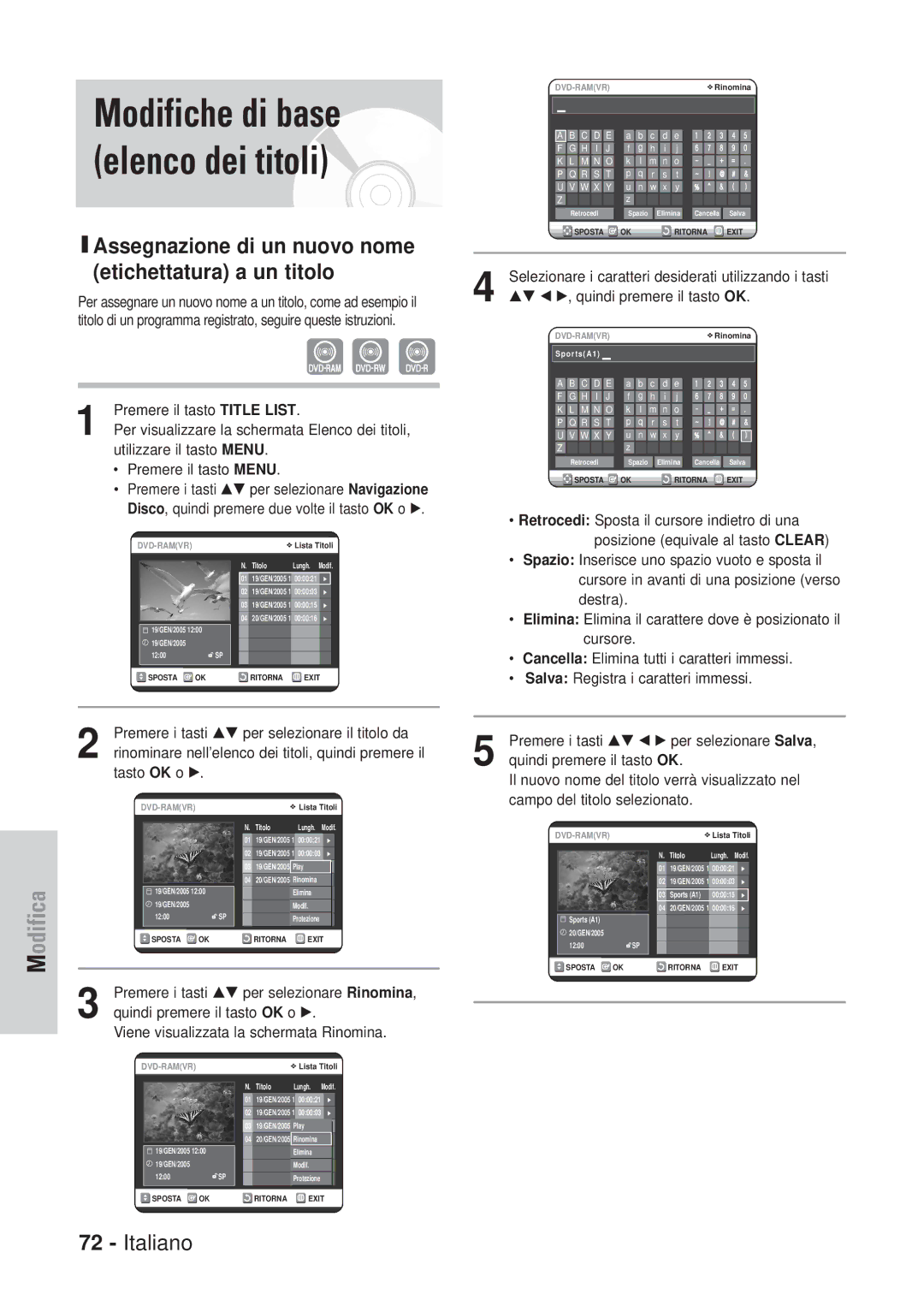 Samsung DVD-VR320/XET manual Modifiche di base elenco dei titoli, Assegnazione di un nuovo nome etichettatura a un titolo 