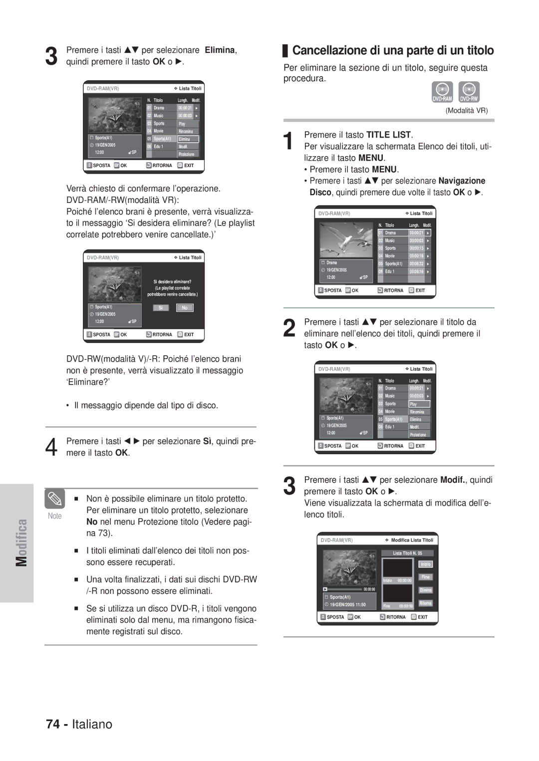 Samsung DVD-VR320/XET manual Cancellazione di una parte di un titolo 