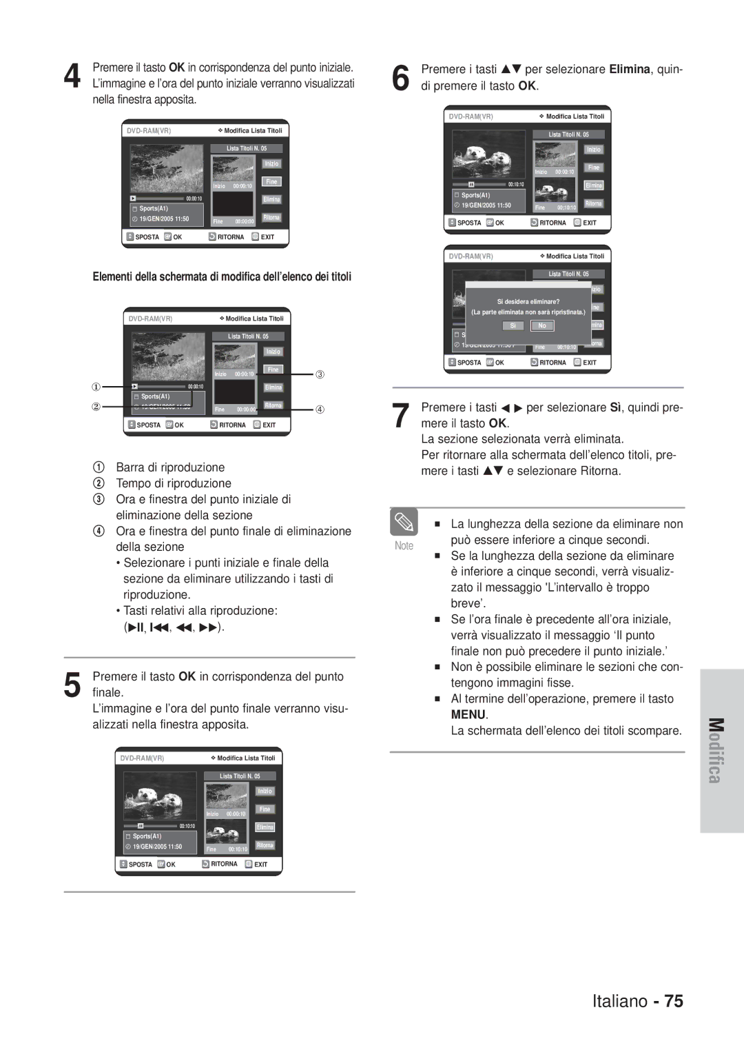 Samsung DVD-VR320/XET Nella finestra apposita, Premere i tasti …† per selezionare Elimina, quin, Di premere il tasto OK 