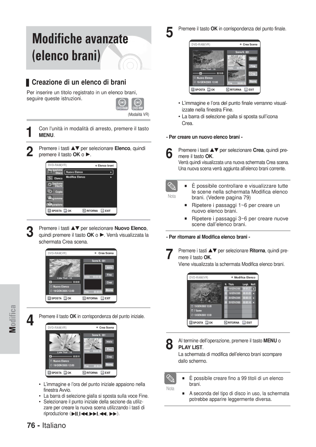 Samsung DVD-VR320/XET Modifiche avanzate elenco brani, Creazione di un elenco di brani, Per creare un nuovo elenco brani 