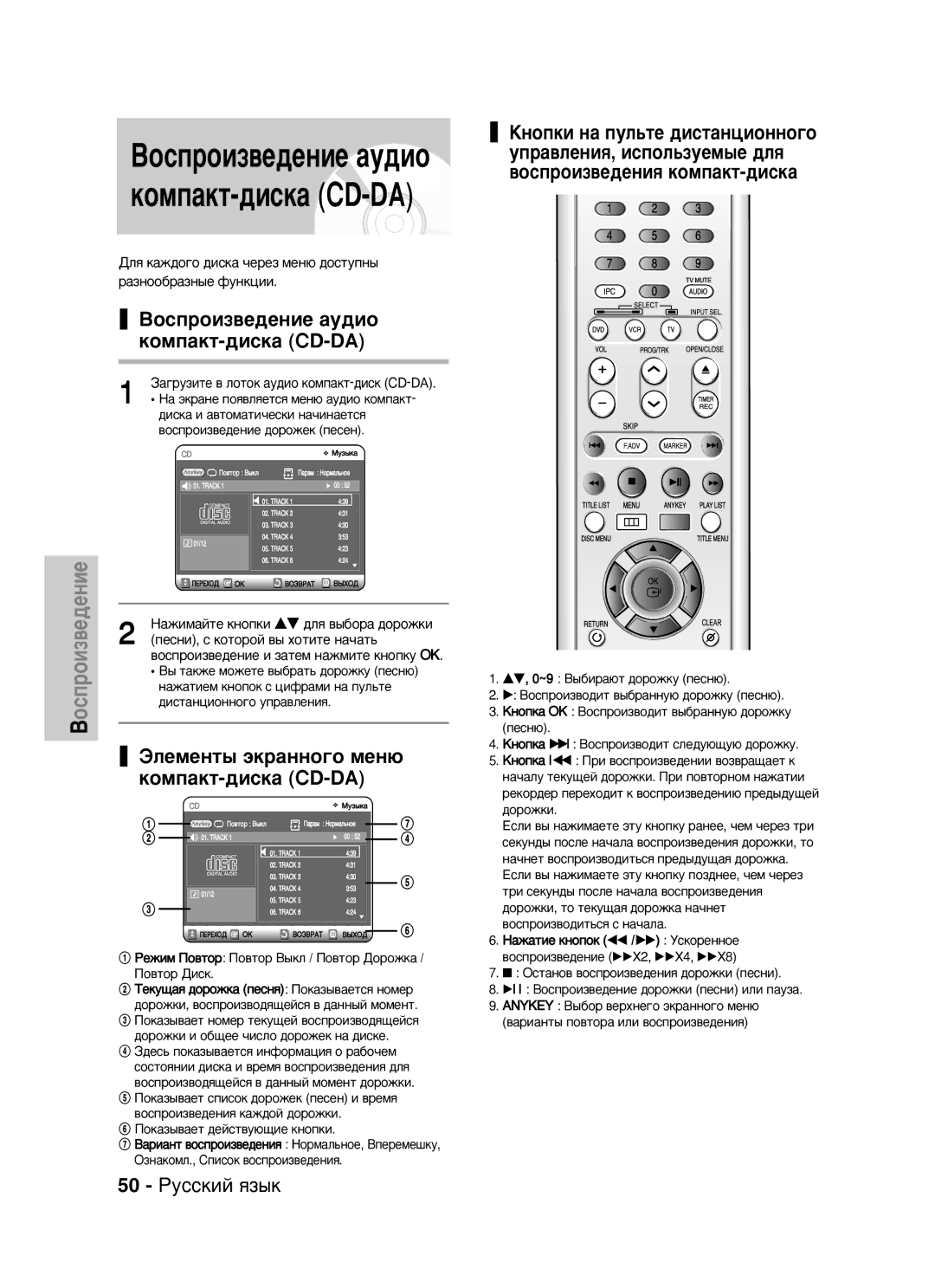 Samsung DVD-VR320/XEV manual Ùîâïâìú˚ ˝Í‡Ììó„Ó Ïâì˛ Íóïô‡Íú-‰Ëòí‡ Cd-Da, 50 êÛÒÒÍËÈ ﬂÁ˚Í 