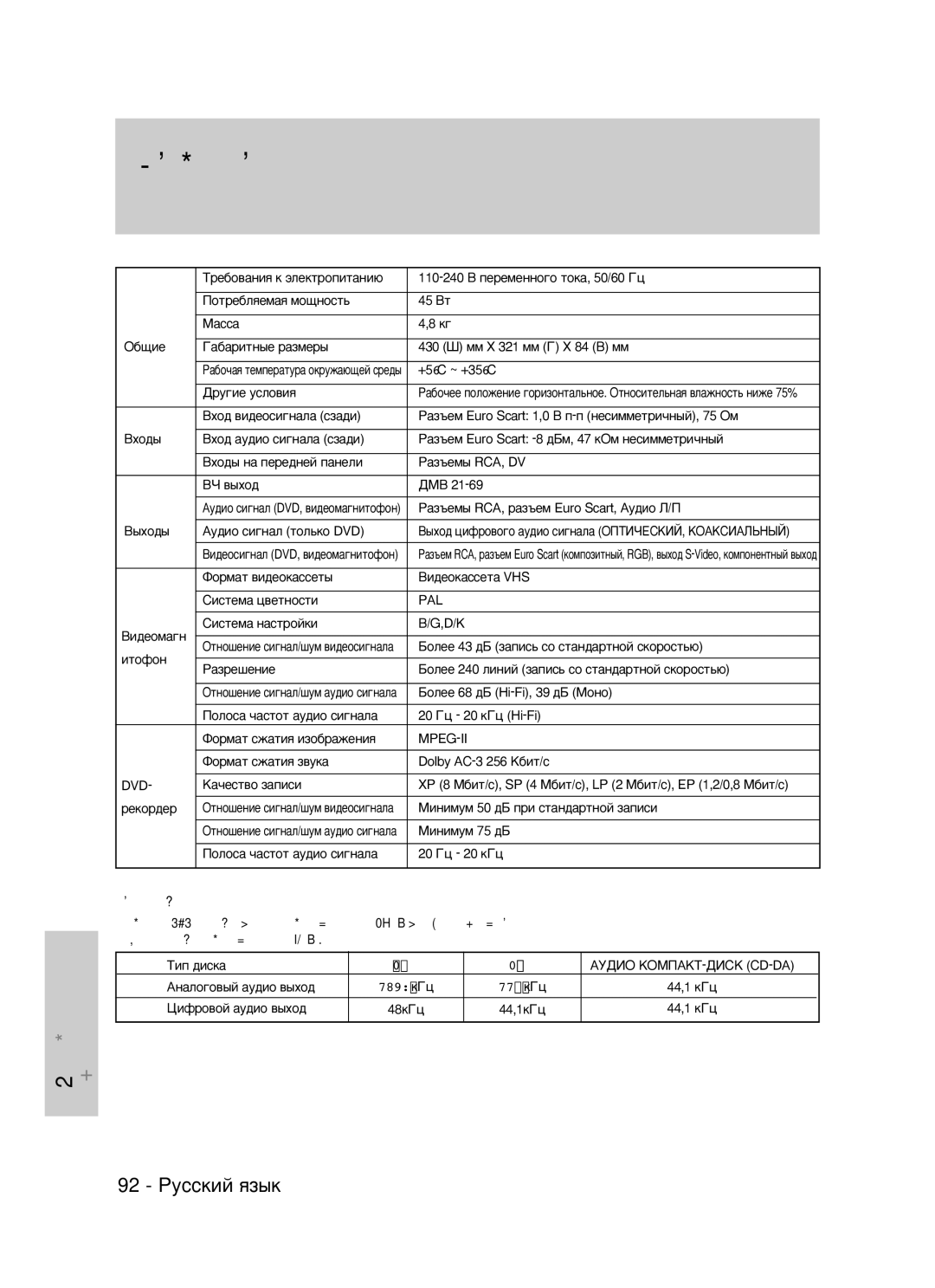 Samsung DVD-VR320/XEV manual ÍÂıÌË˜ÂÒÍËÂ ı‡‡ÍÚÂËÒÚËÍË, 92 êÛÒÒÍËÈ ﬂÁ˚Í 