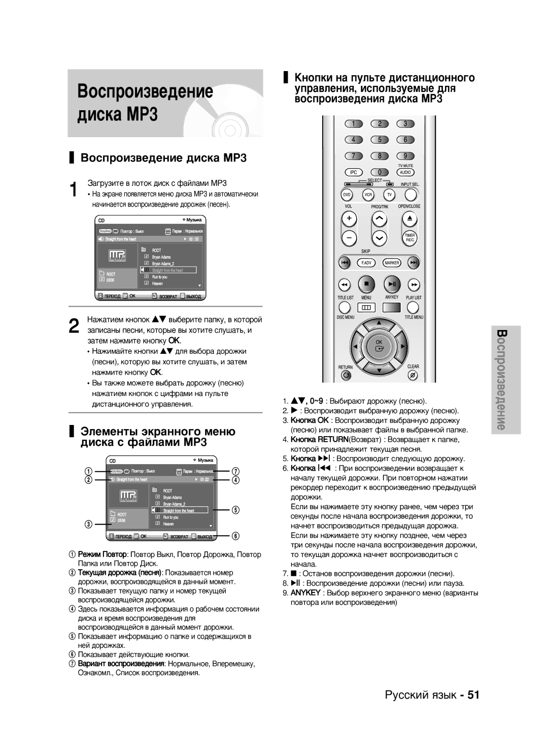 Samsung DVD-VR320/XEV manual ÙÎÂÏÂÌÚ˚ ˝Í‡ÌÌÓ„Ó ÏÂÌ˛ ‰ËÒÍ‡ Ò Ù‡ÈÎ‡ÏË MP3, ‡Ê‡ÚËÂÏ Íìóôóí, ‡ÚÂÏ Ì‡ÊÏËÚÂ Íìóôíû OK 