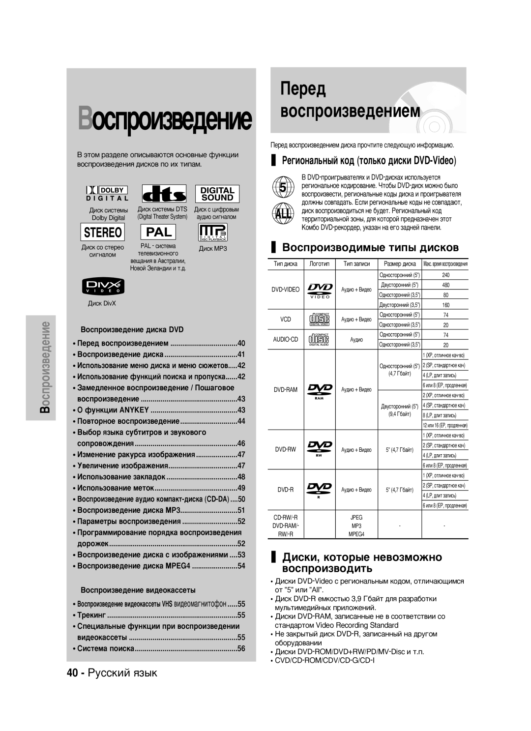 Samsung DVD-VR320/XEV manual BÓÒÔÓËÁ‚Â‰eÌËe, Èââ‰, 40 êÛÒÒÍËÈ ﬂÁ˚Í, DVD-ÔÓË„˚‚‡ÚÂÎﬂı Ë DVD-‰ËÒÍ‡ı ËÒÔÓÎ¸ÁÛÂÚÒﬂ 