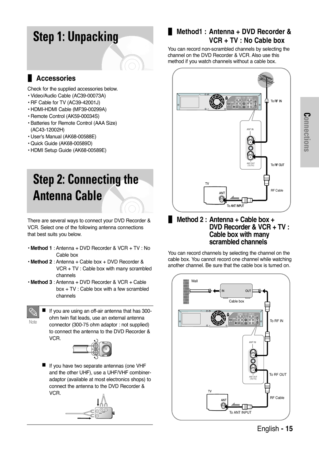 Samsung DVD-VR325 instruction manual Unpacking, Accessories, Method1 Antenna + DVD Recorder VCR + TV No Cable box 