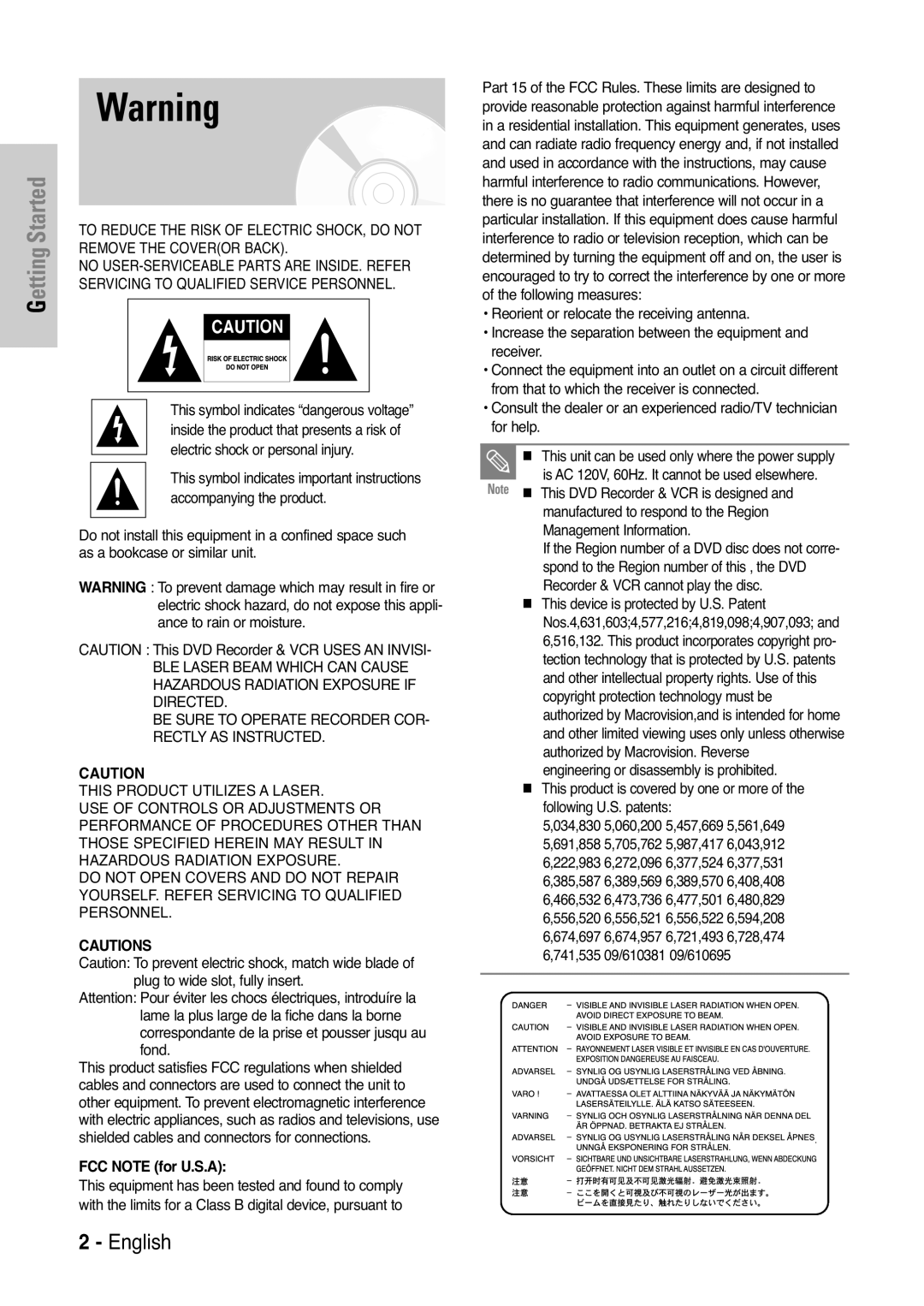 Samsung DVD-VR325 instruction manual Getting Started, FCC Note for U.S.A 