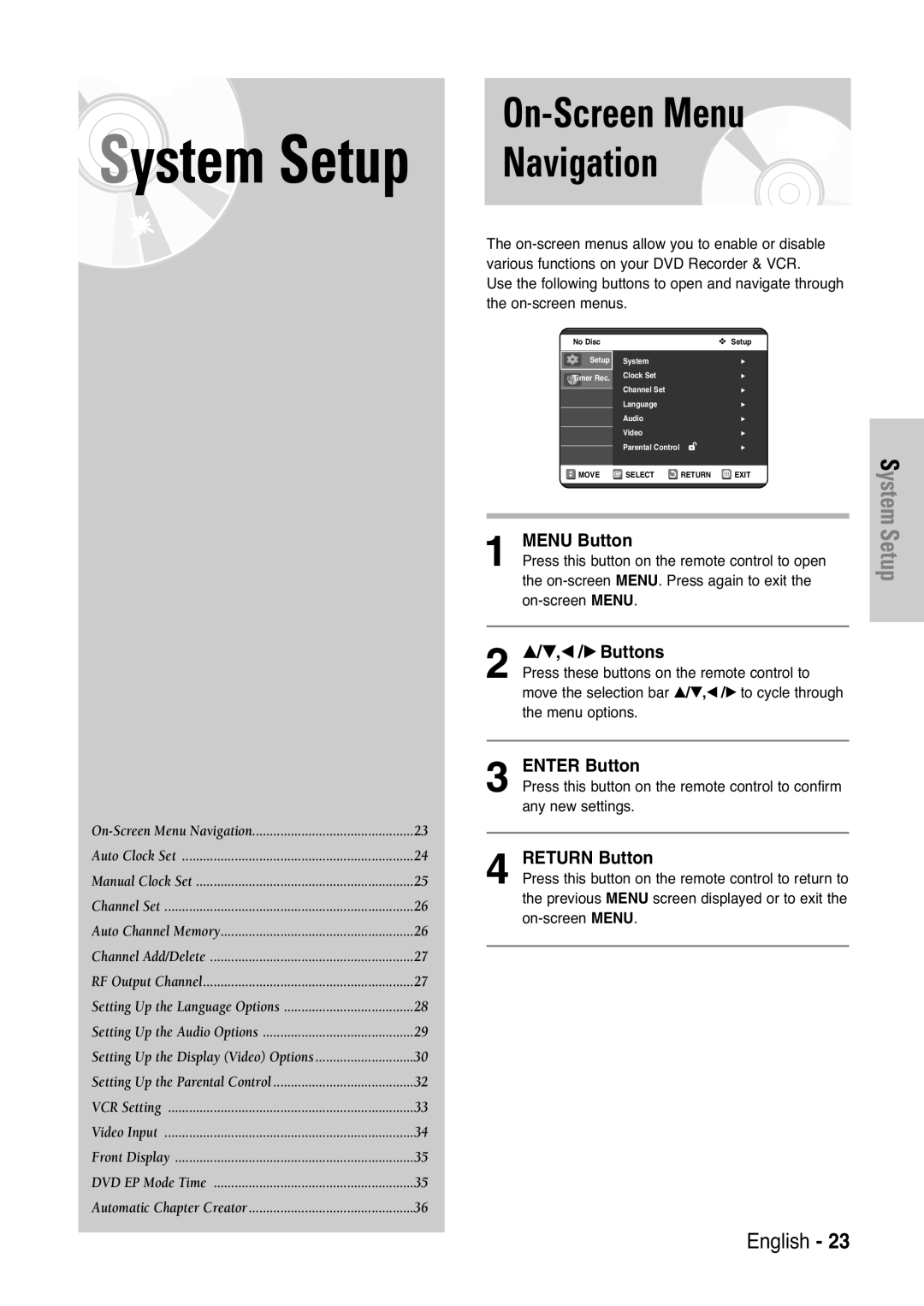 Samsung DVD-VR325 instruction manual On-Screen Menu Navigation, Menu Button, …/†,œ /√ Buttons, Enter Button, Return Button 