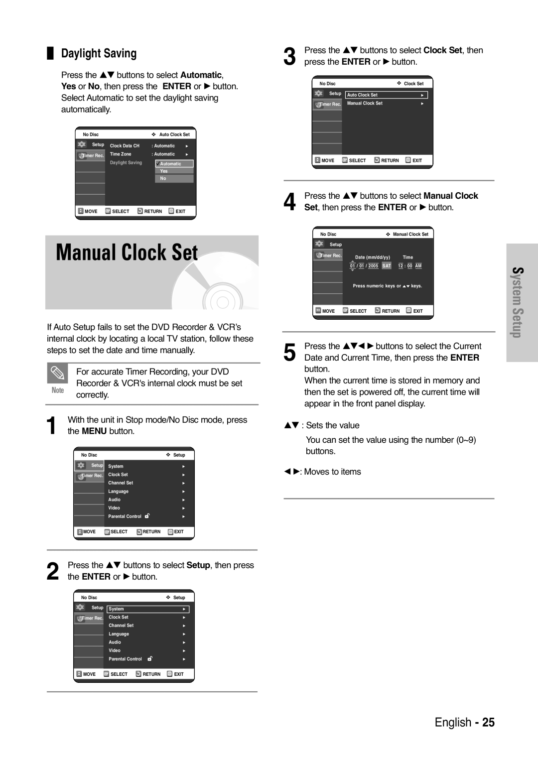 Samsung DVD-VR325 instruction manual Manual Clock Set, Daylight Saving 