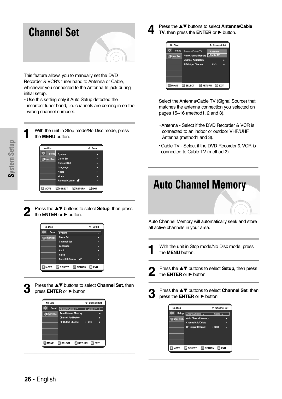 Samsung DVD-VR325 instruction manual Channel Set, Auto Channel Memory 