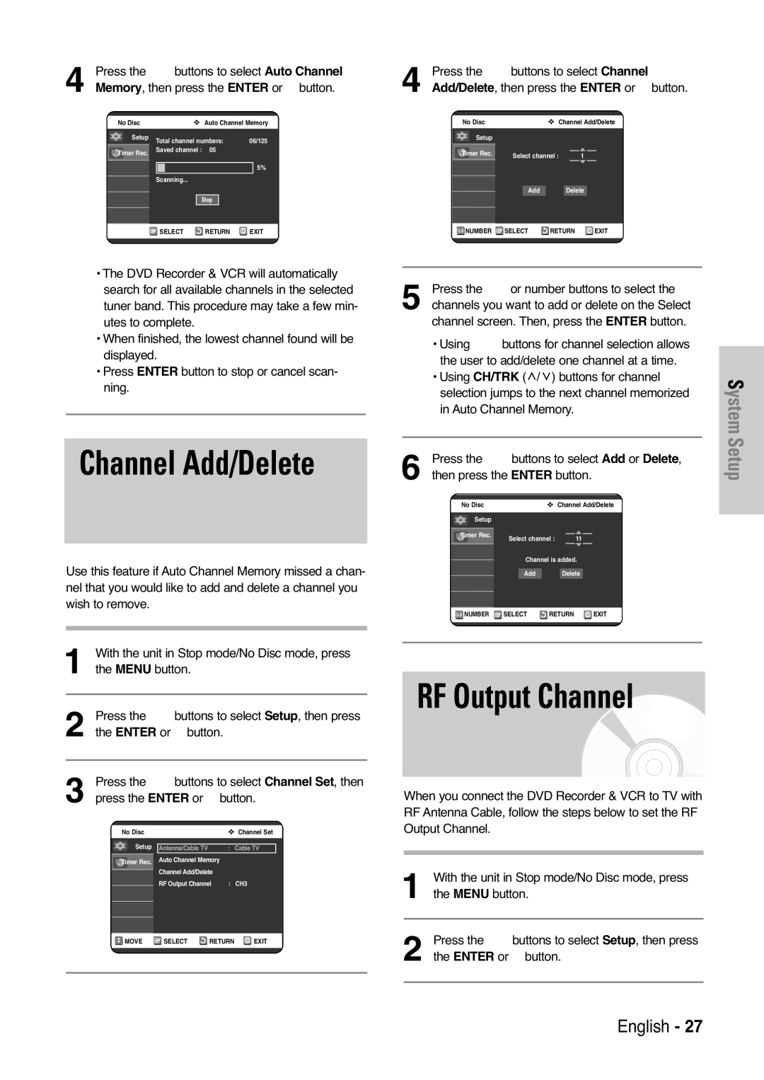 Samsung DVD-VR325 instruction manual Channel Add/Delete, RF Output Channel, Memory, then press the Enter or √ button 