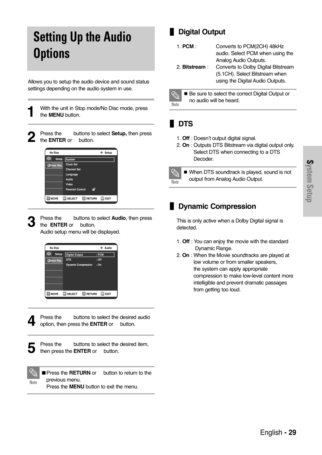 Samsung DVD-VR325 instruction manual Setting Up the Audio Options, Digital Output, Dynamic Compression 