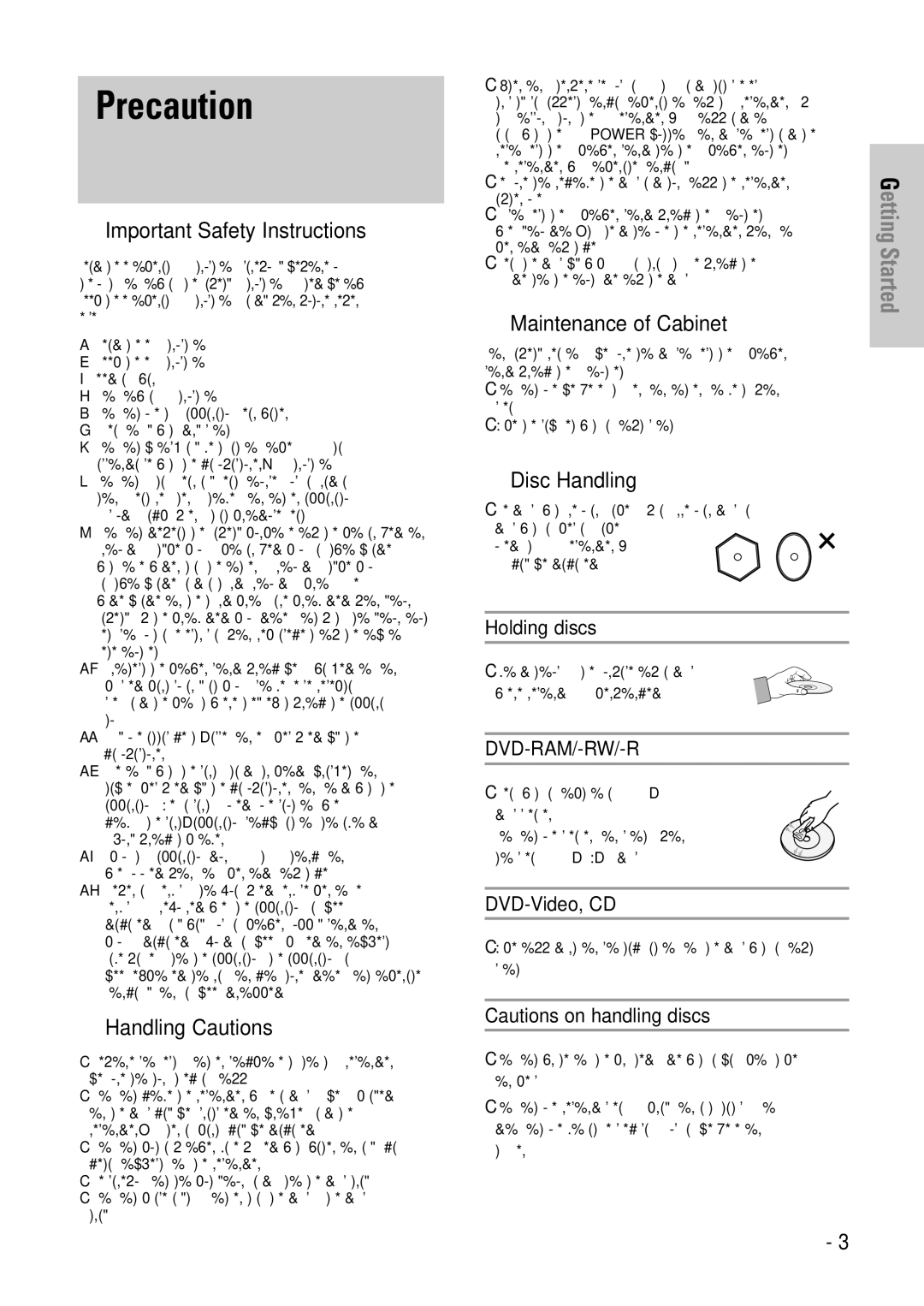 Samsung DVD-VR325 Precaution, Important Safety Instructions, Handling Cautions, Maintenance of Cabinet, Disc Handling 