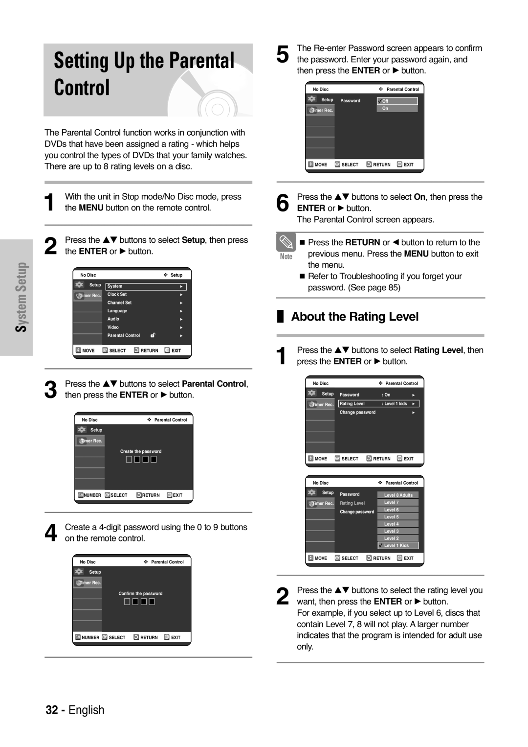 Samsung DVD-VR325 Setting Up the Parental Control, About the Rating Level, Password. Enter your password again 