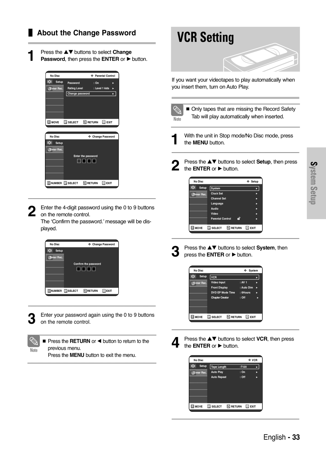 Samsung DVD-VR325 instruction manual VCR Setting, About the Change Password, Press the …† buttons to select Change 