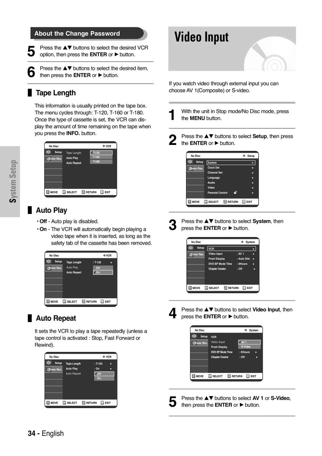 Samsung DVD-VR325 instruction manual Video Input, Tape Length, Auto Play, Auto Repeat 