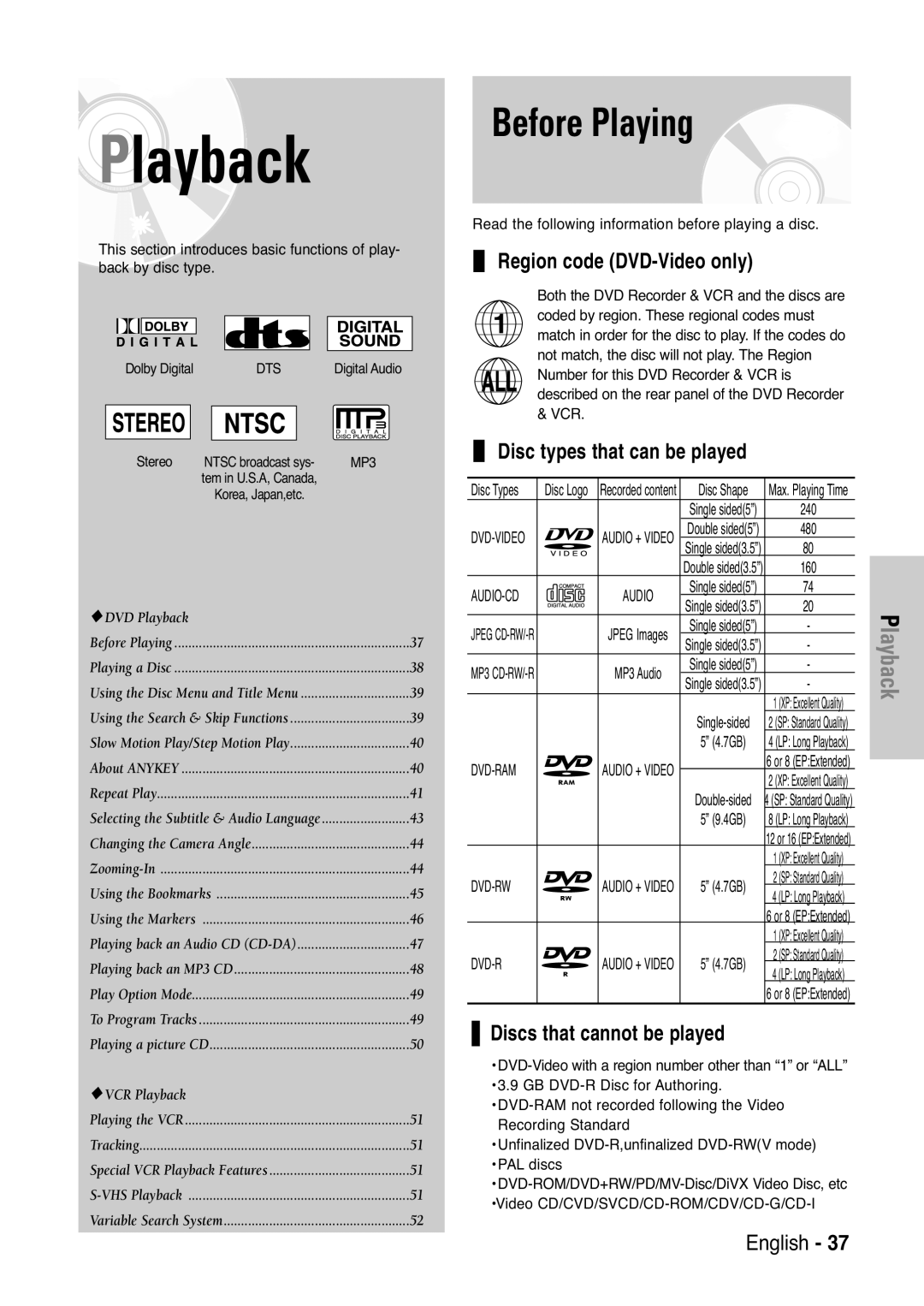 Samsung DVD-VR325 Before Playing, Region code DVD-Video only, Disc types that can be played, Discs that cannot be played 