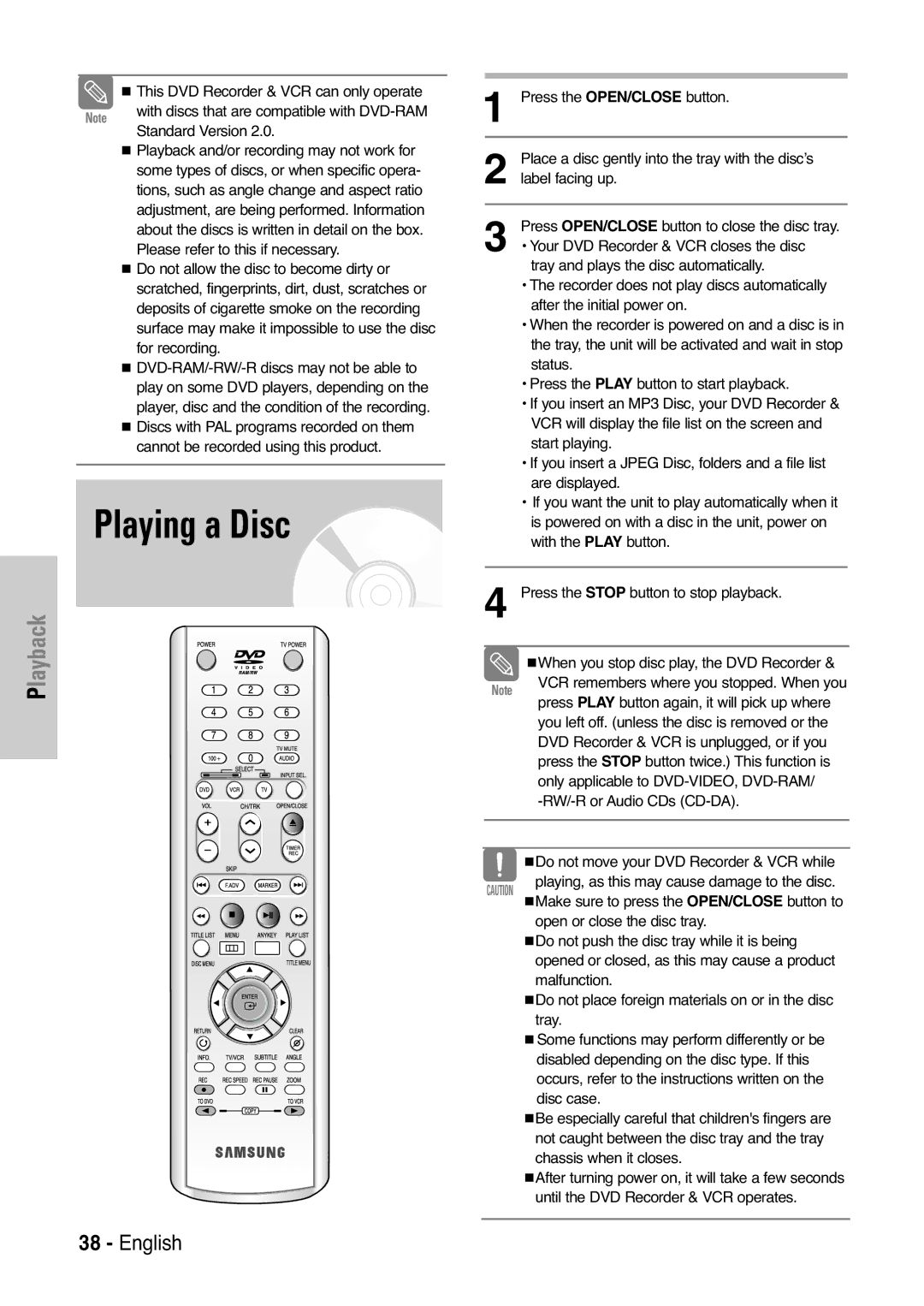 Samsung DVD-VR325 instruction manual Playing a Disc 