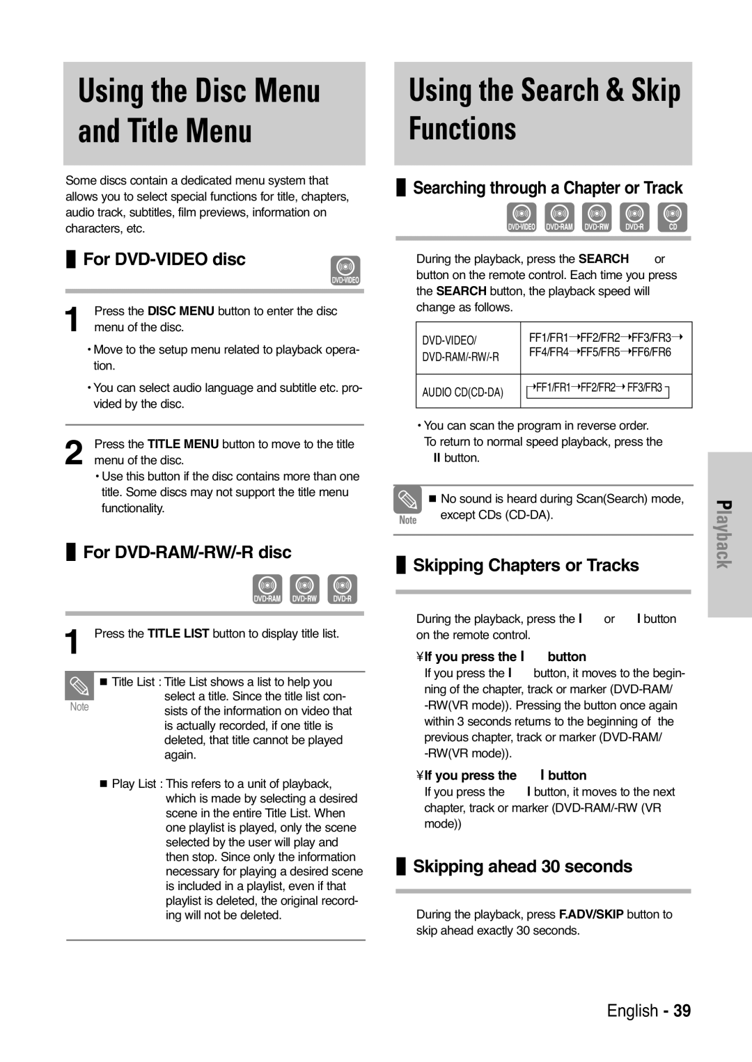 Samsung DVD-VR325 instruction manual Using the Search & Skip Functions, For DVD-VIDEO disc, For DVD-RAM/-RW/-R disc 