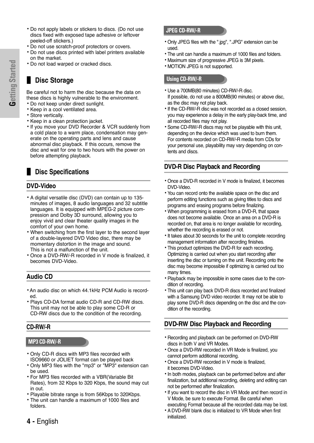 Samsung DVD-VR325 instruction manual Disc Storage, Disc Specifications 