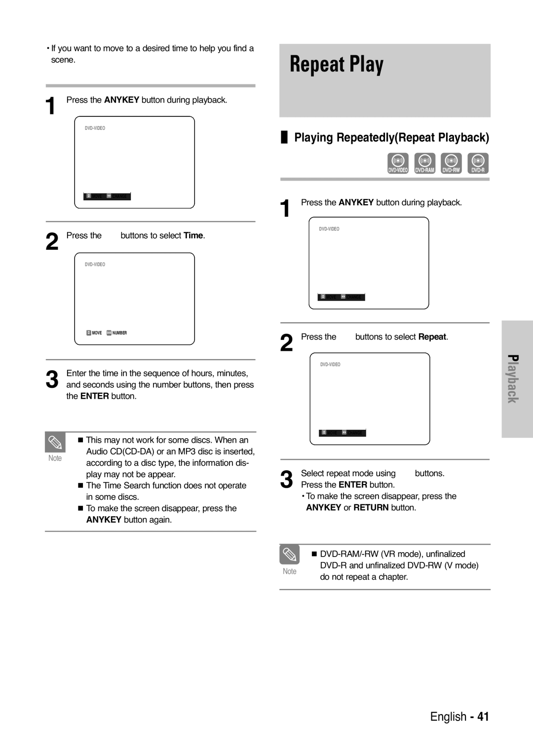 Samsung DVD-VR325 instruction manual Playing RepeatedlyRepeat Playback, Press the …† buttons to select Time 