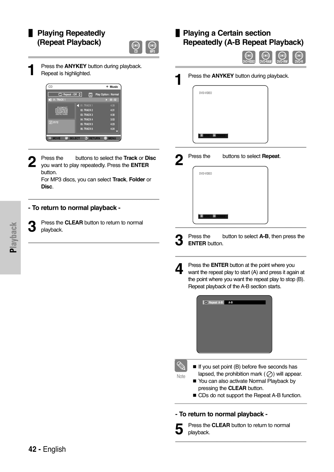 Samsung DVD-VR325 Playing Repeatedly Repeat Playback, Playing a Certain section Repeatedly A-B Repeat Playback 