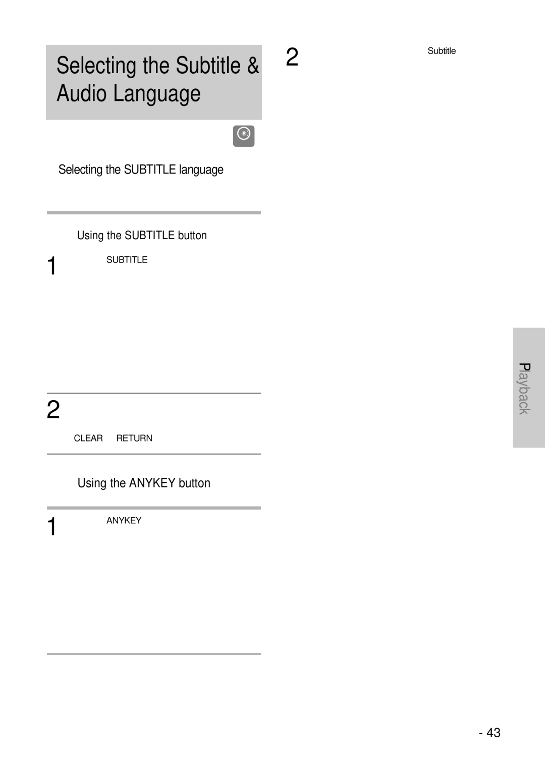 Samsung DVD-VR325 instruction manual Selecting the Subtitle language, Using the Anykey button, Selecting the Audio language 