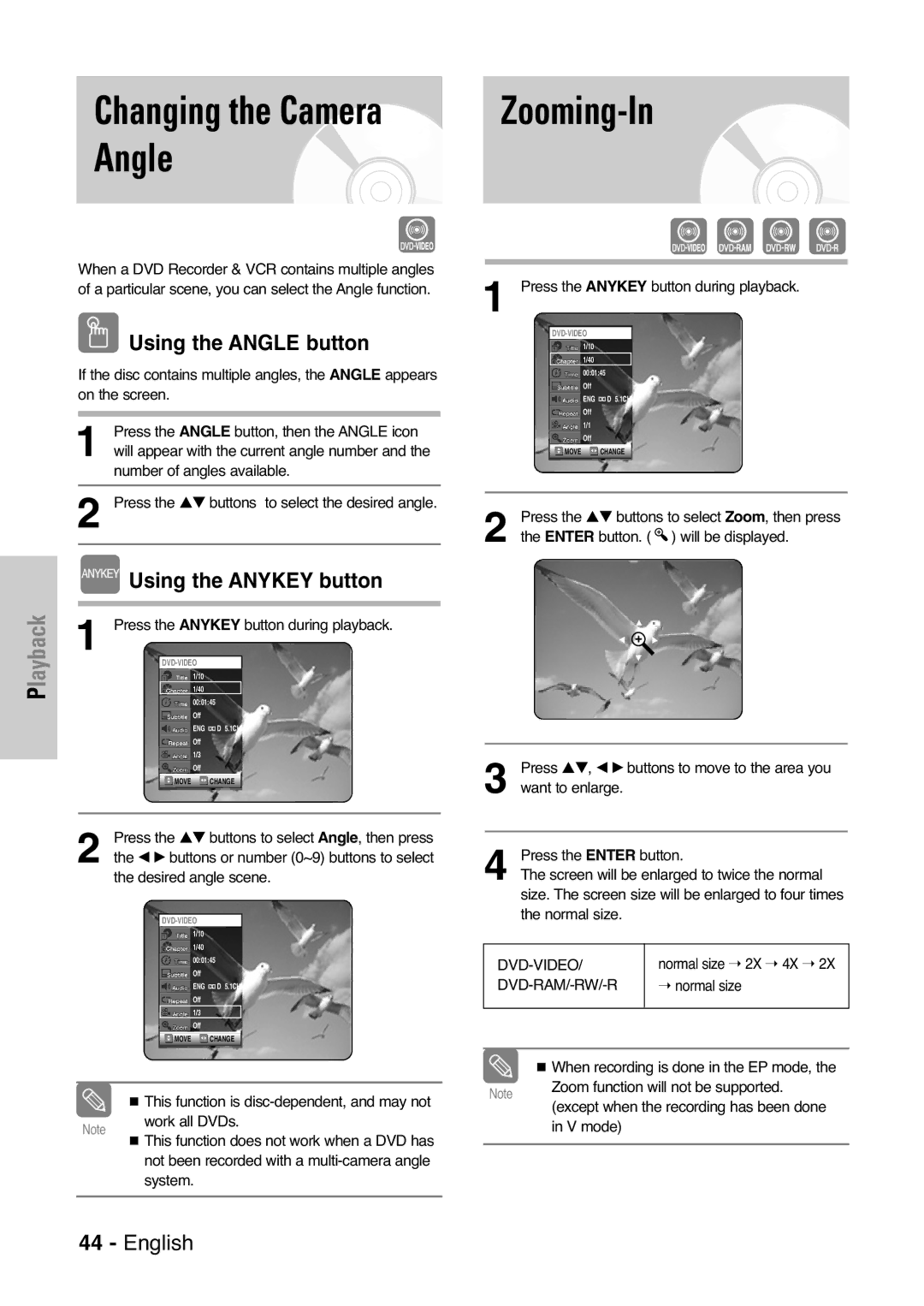 Samsung DVD-VR325 instruction manual Zooming-In, Using the Angle button 