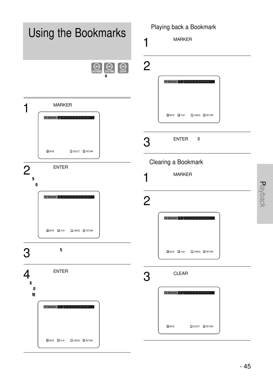 Samsung DVD-VR325 Playing back a Bookmark, Clearing a Bookmark, Press the Clear button to delete the selected bookmark 