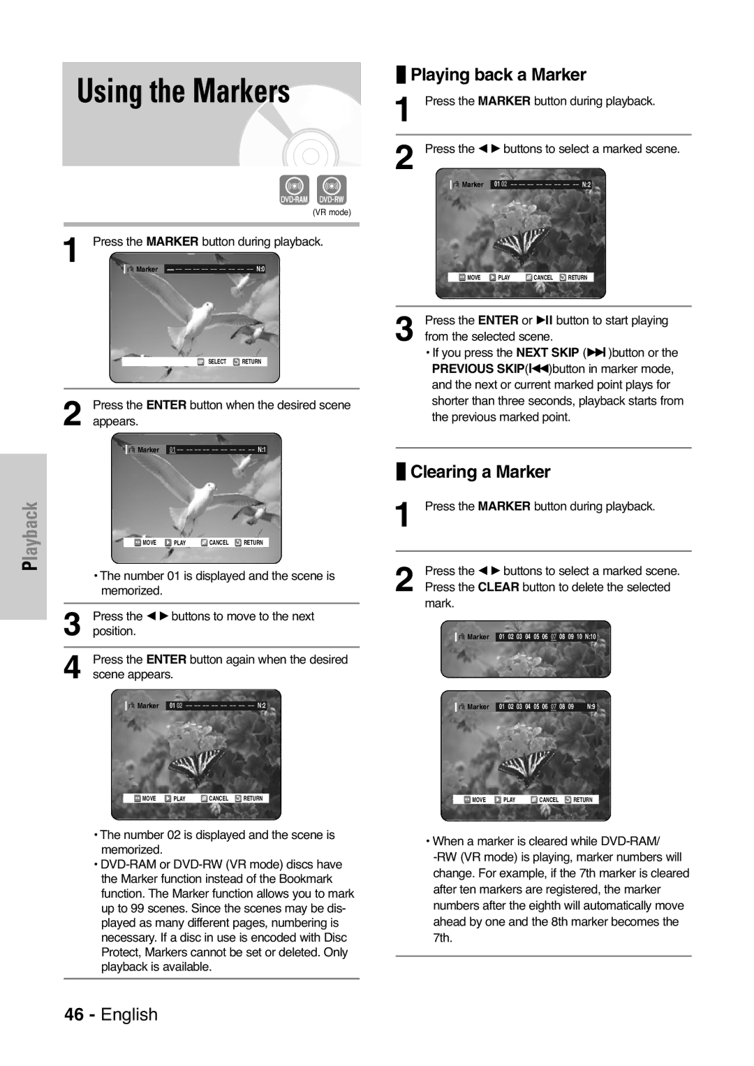 Samsung DVD-VR325 instruction manual Using the Markers, Playing back a Marker, Clearing a Marker 