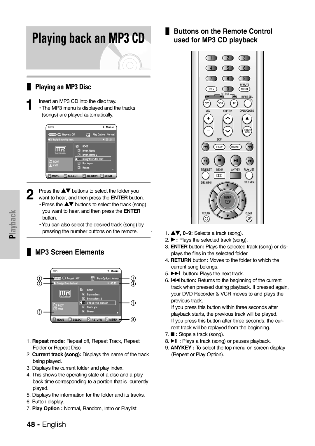 Samsung DVD-VR325 instruction manual MP3 Screen Elements, Press the …† buttons to select the folder you 