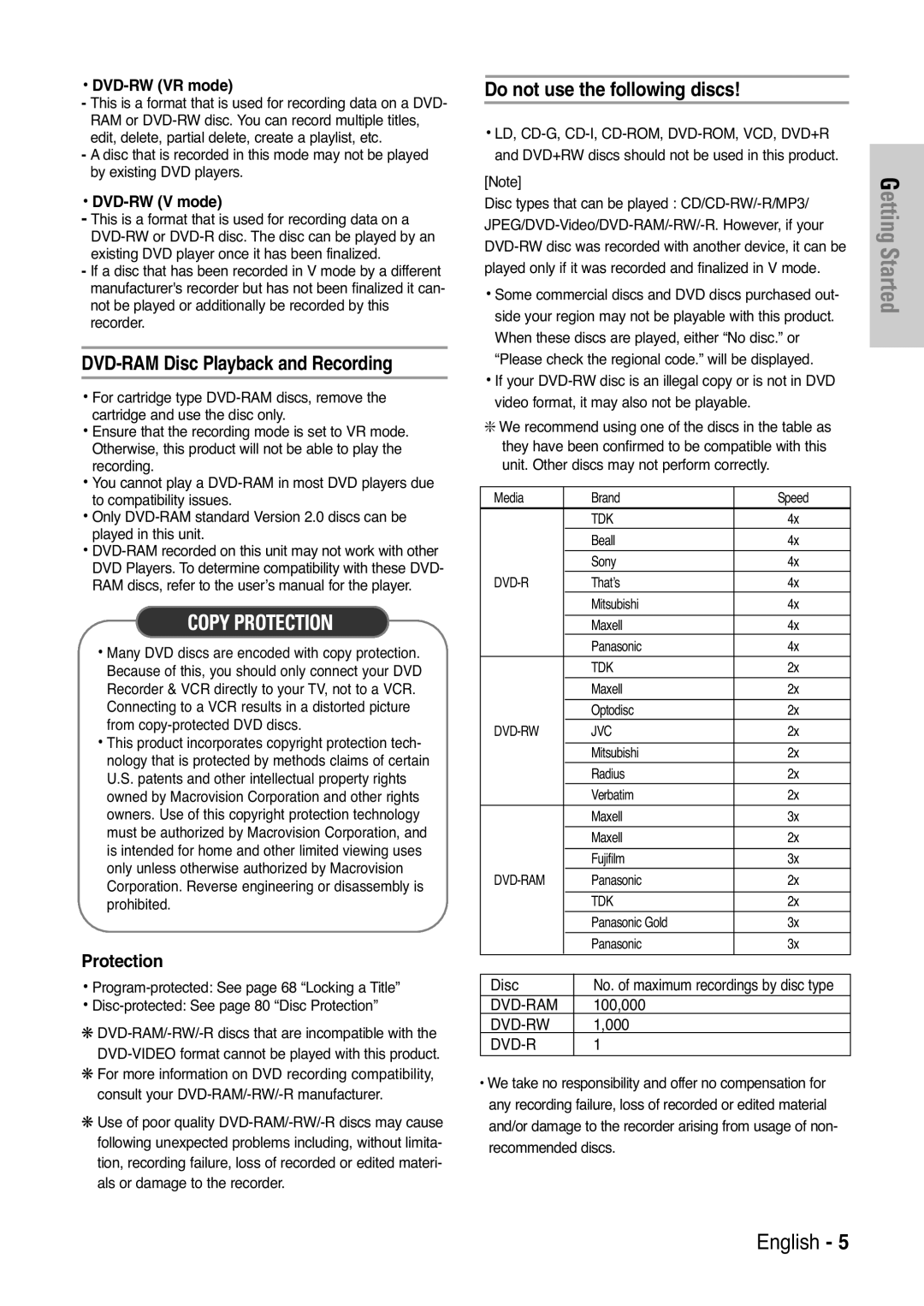 Samsung DVD-VR325 instruction manual DVD-RAM Disc Playback and Recording, Do not use the following discs, Protection 