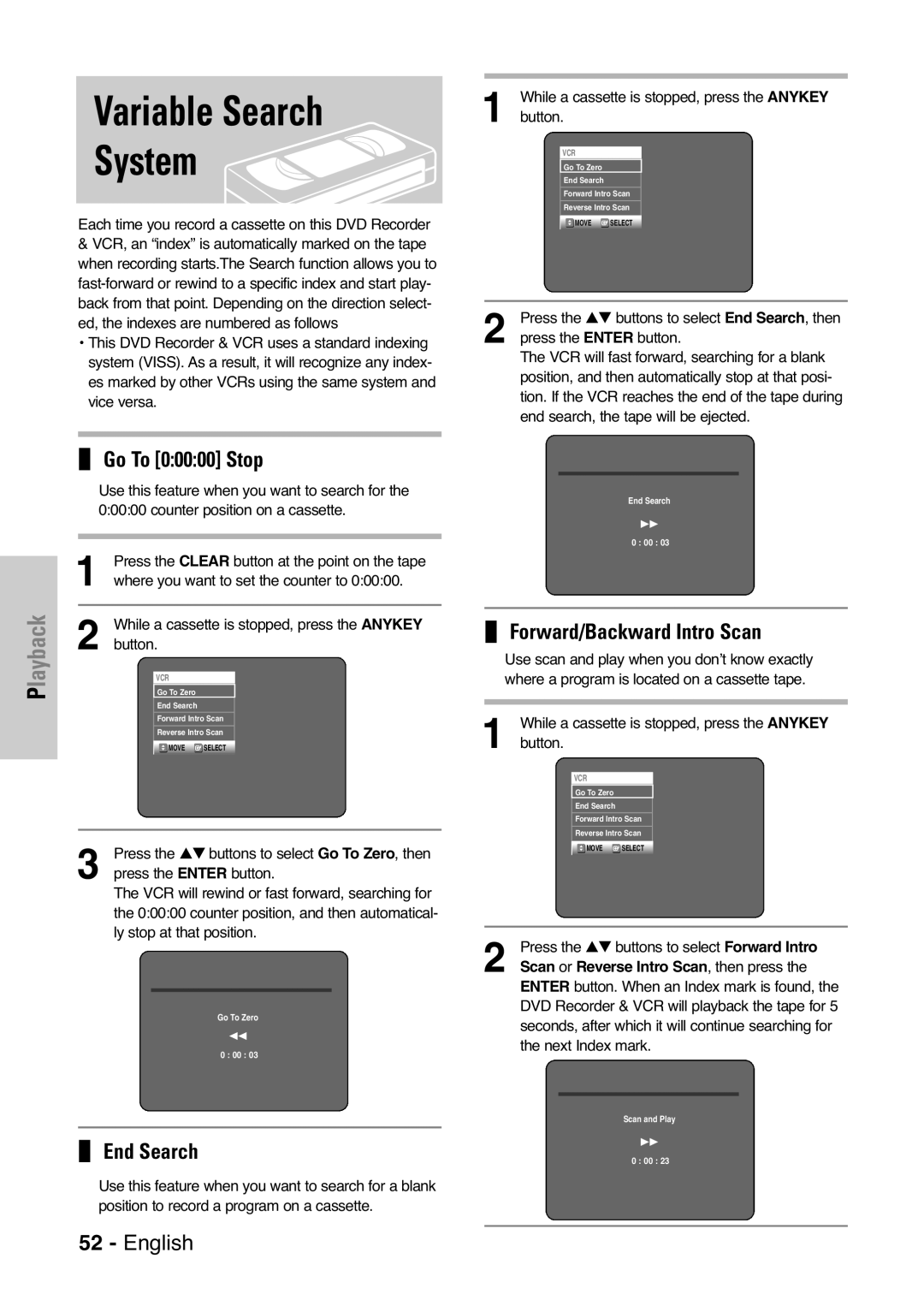 Samsung DVD-VR325 Go To 00000 Stop, End Search, Forward/Backward Intro Scan, While a cassette is stopped, press the Anykey 