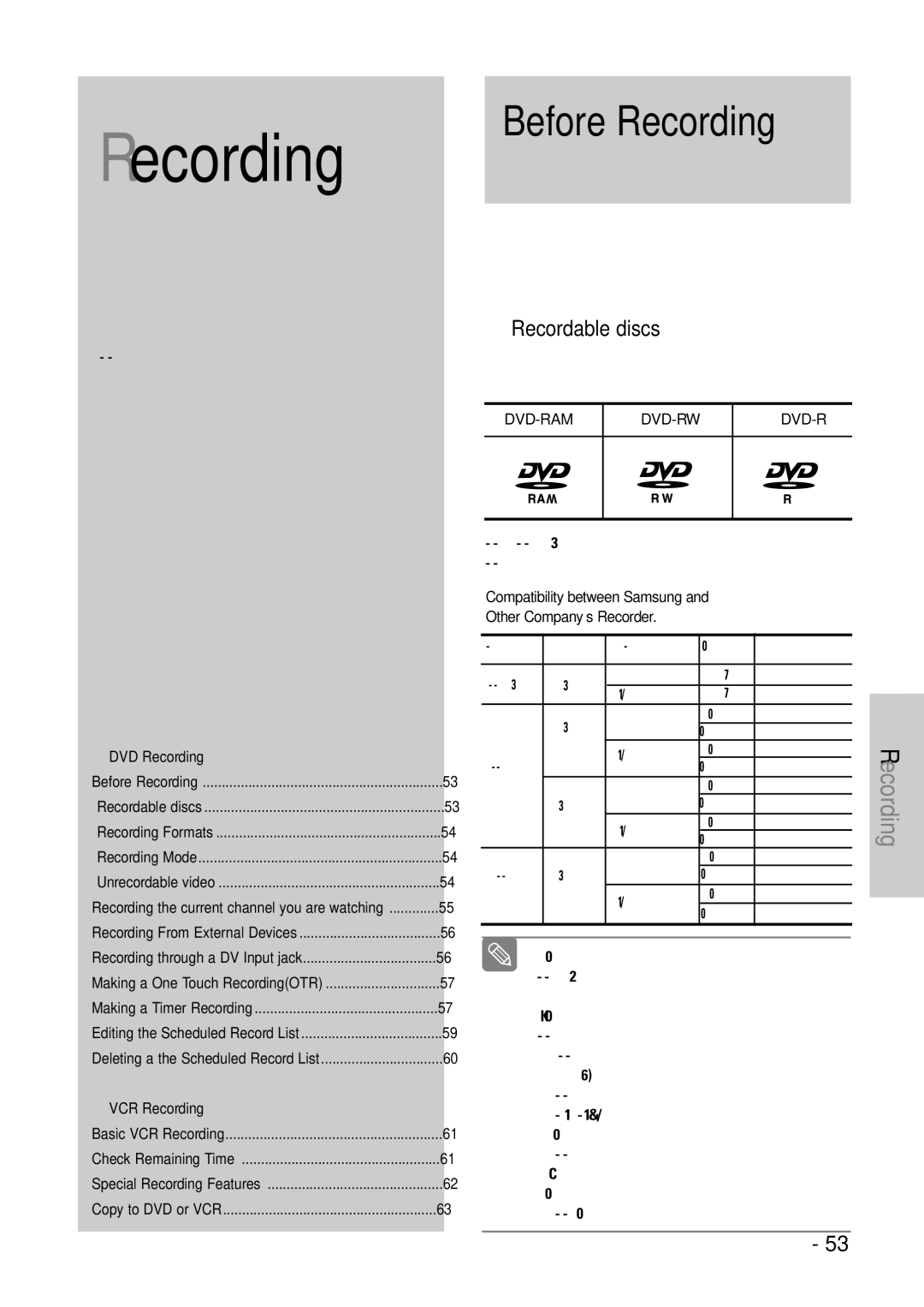 Samsung DVD-VR325 Before Recording, Recordable discs, Compatibility between Samsung Other Company’s Recorder 